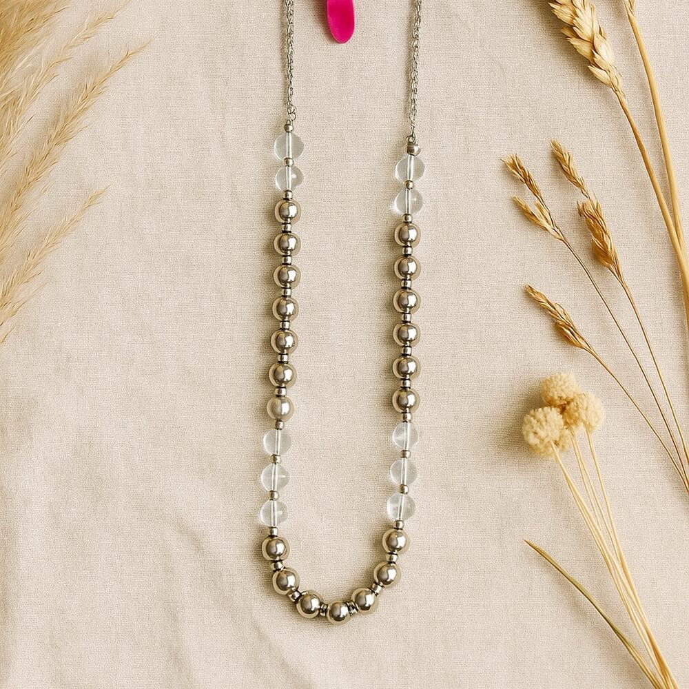 Ophelia Roe Silver & Clear Bead Orb Necklace – 32” + 3” Extender, Modern Minimal